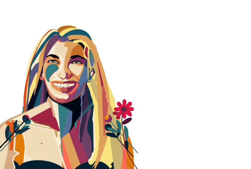 Digital self-portrait of Dana Bates in vibrant colors, holding a small flower, symbolizing personal growth and introspection.